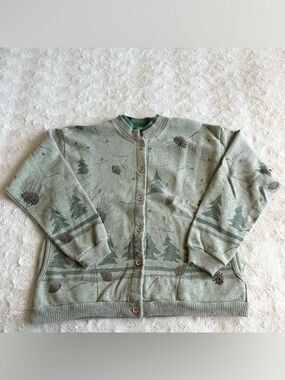 Vintage Nature Cardigan Sweater Womens Medium Pinecone Tree Cottagecore Granola